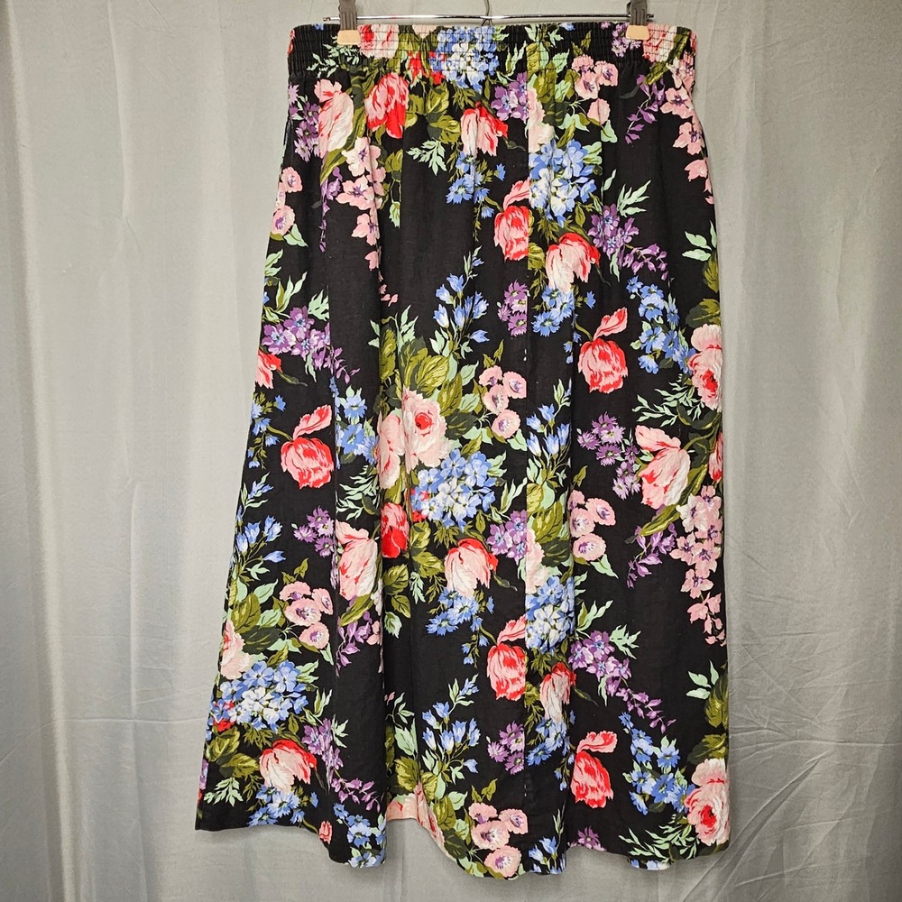 Vtg Apostrophe Maxi Skirt Women 22W Black Floral Cotton Elastic Waist Pocket USA - Picture 2 of 8